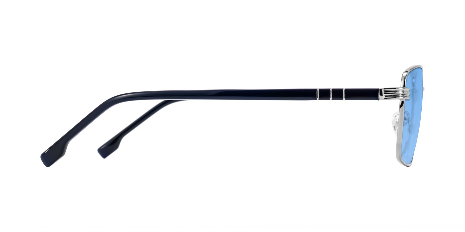 Side of Raiyah in Silver/Dark Blue with Medium Blue Tinted Lenses