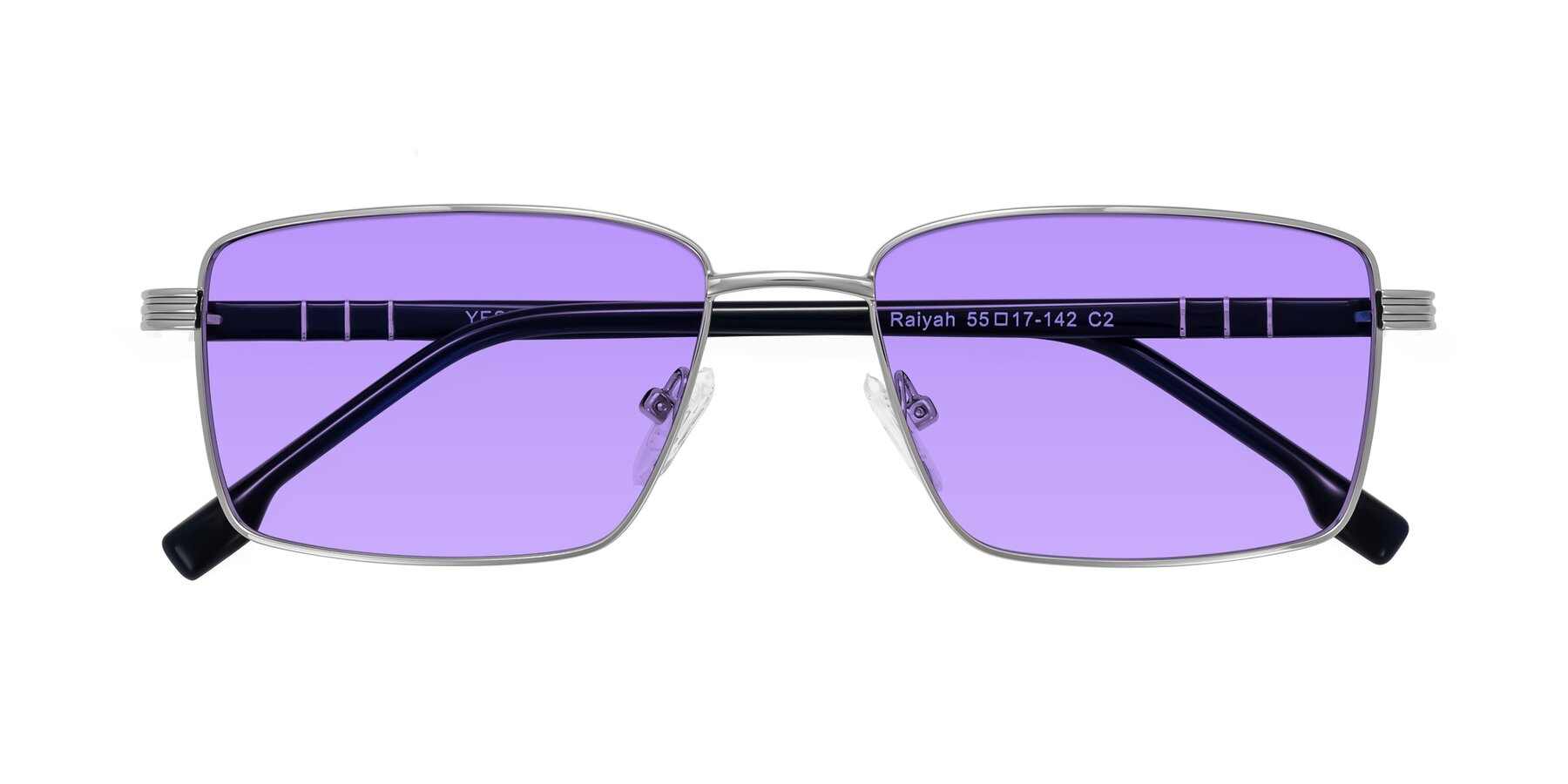 Folded Front of Raiyah in Silver/Dark Blue with Medium Purple Tinted Lenses