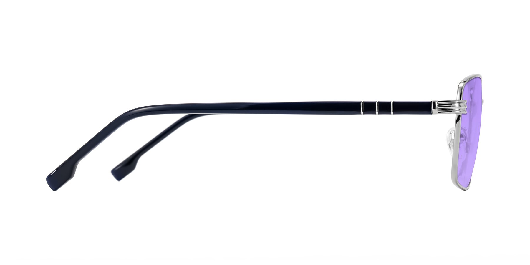 Side of Raiyah in Silver/Dark Blue with Medium Purple Tinted Lenses