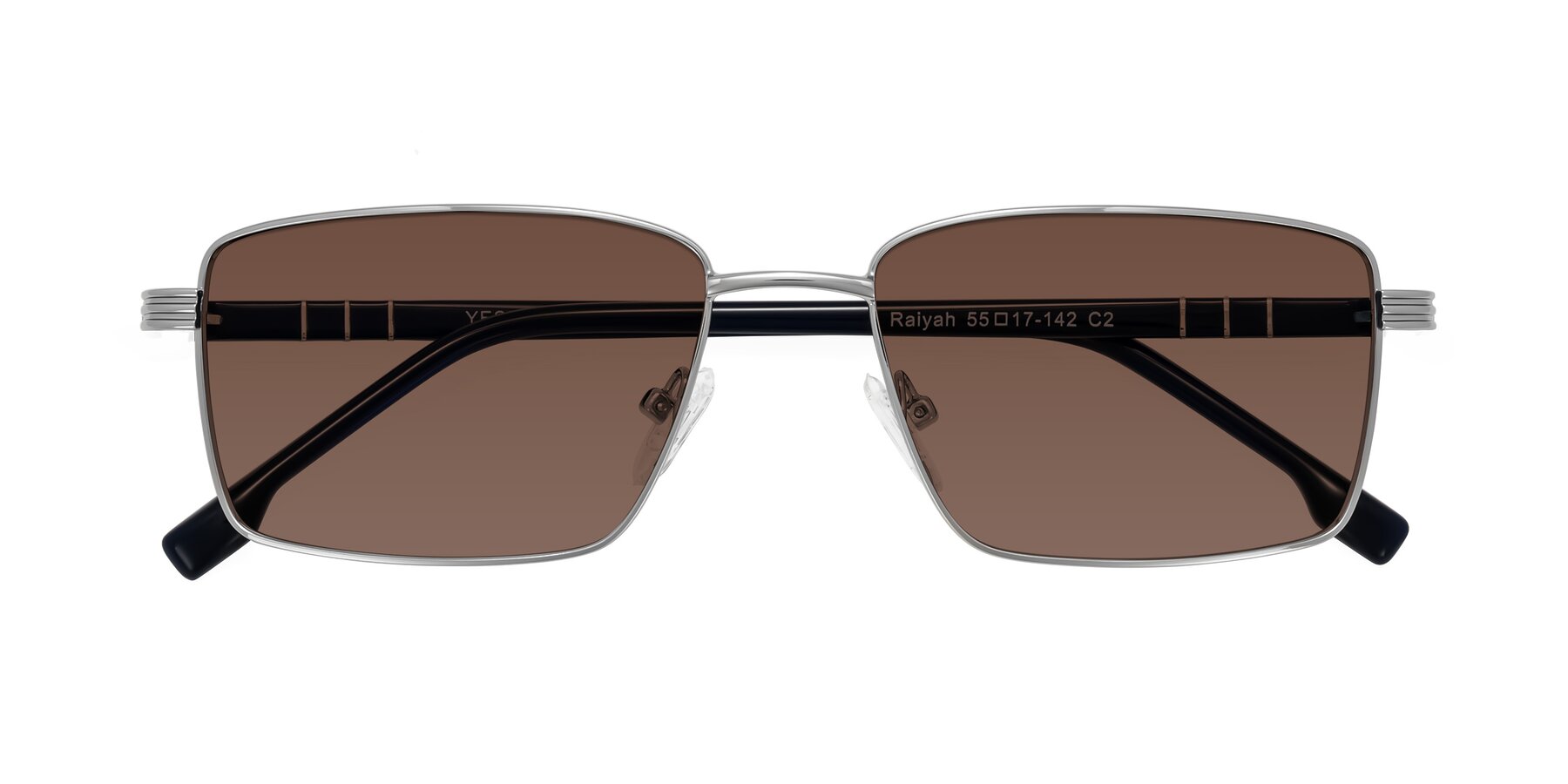 Folded Front of Raiyah in Silver/Dark Blue with Brown Tinted Lenses