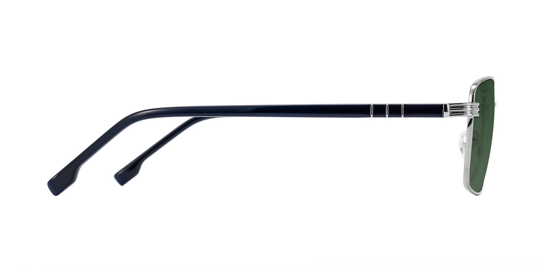 Side of Raiyah in Silver/Dark Blue with Green Tinted Lenses