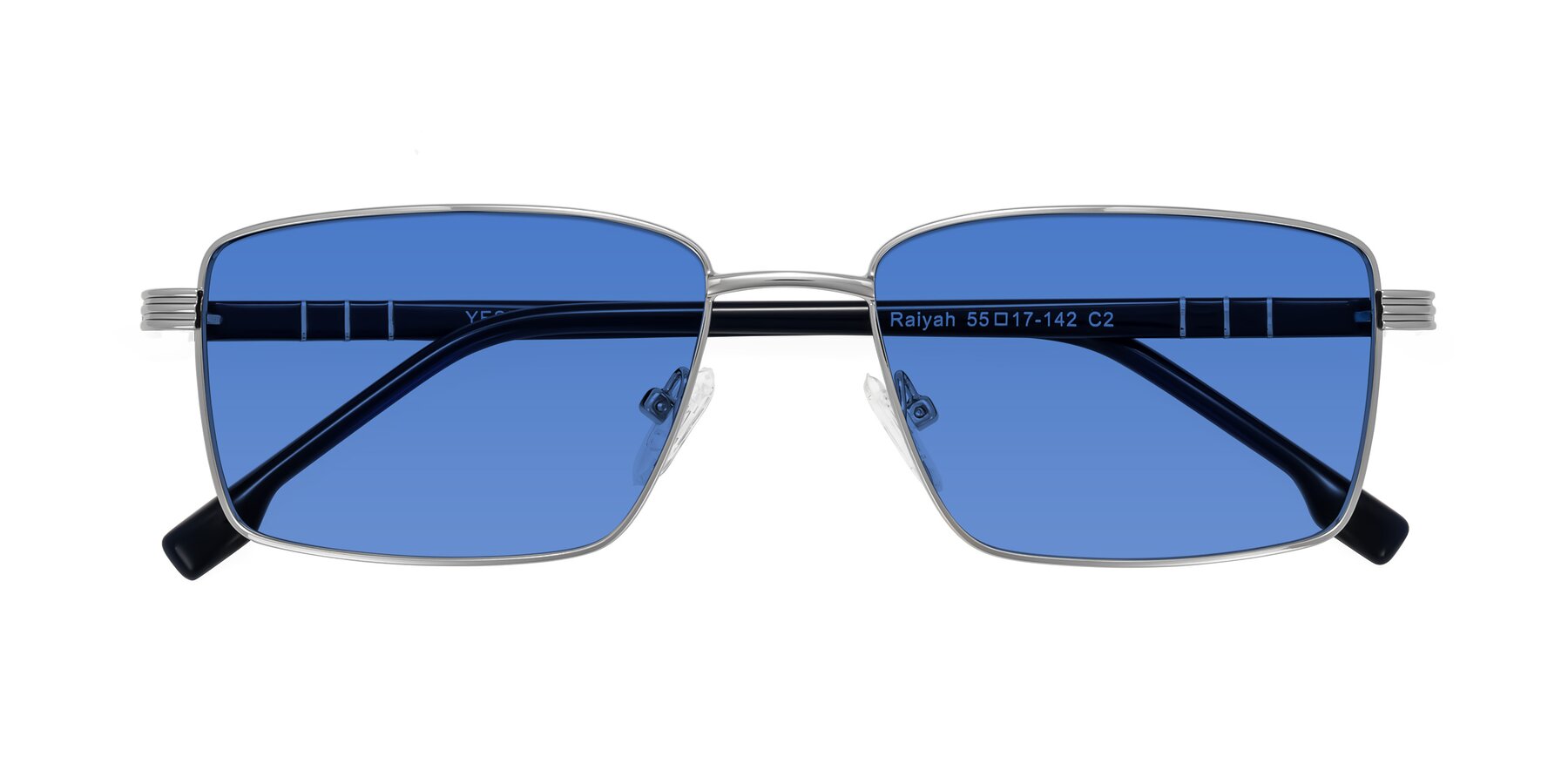 Folded Front of Raiyah in Silver/Dark Blue with Blue Tinted Lenses