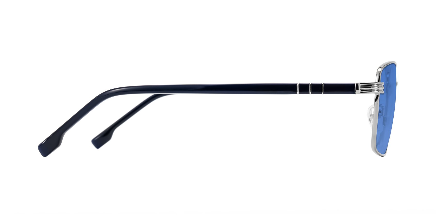 Side of Raiyah in Silver/Dark Blue with Blue Tinted Lenses