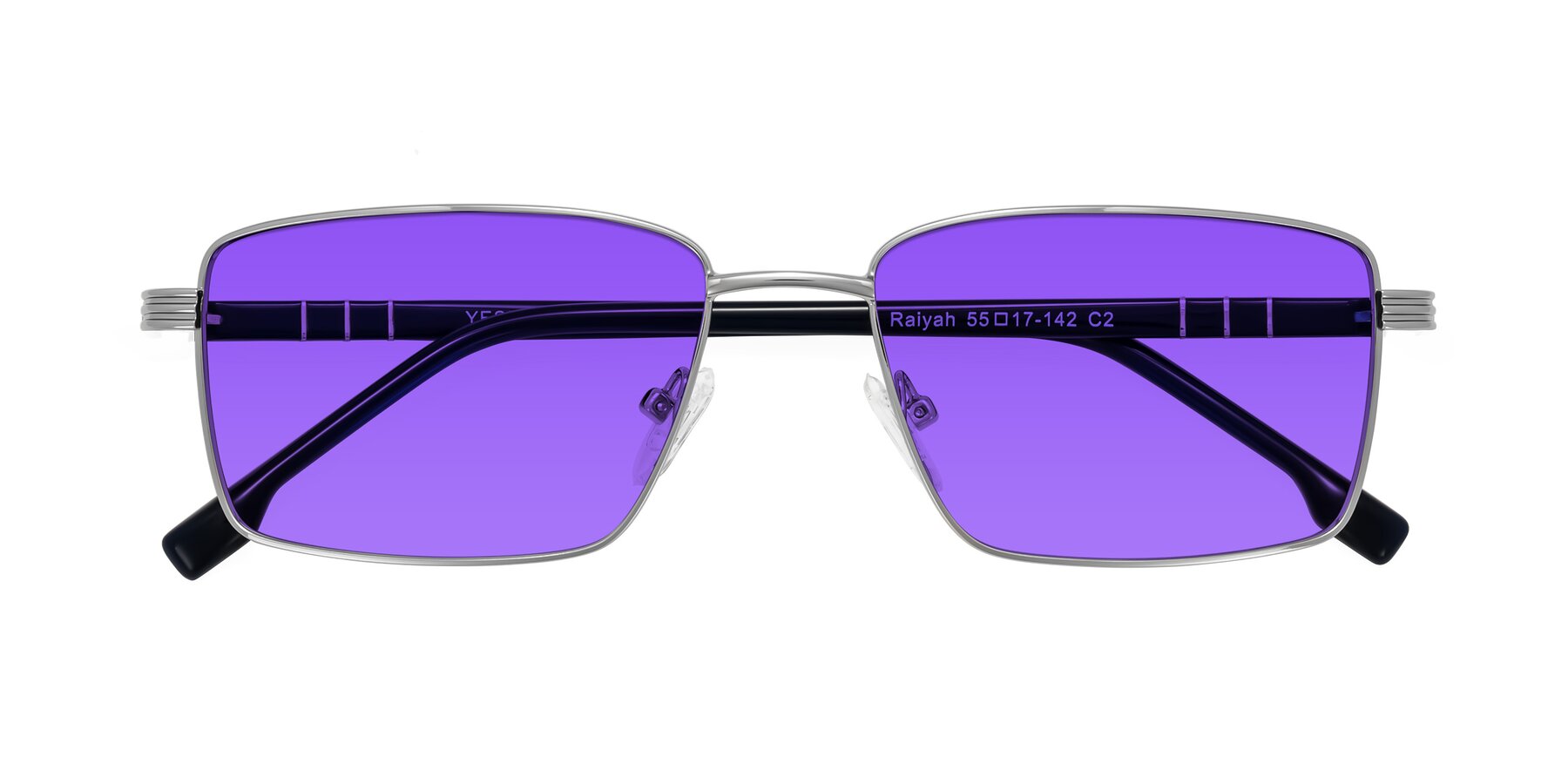 Folded Front of Raiyah in Silver/Dark Blue with Purple Tinted Lenses