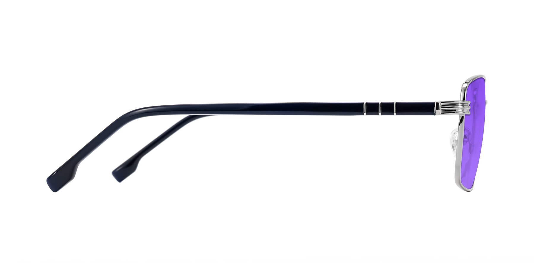 Side of Raiyah in Silver/Dark Blue with Purple Tinted Lenses