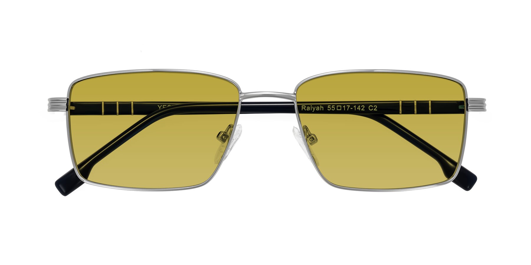 Folded Front of Raiyah in Silver/Dark Blue with Champagne Tinted Lenses