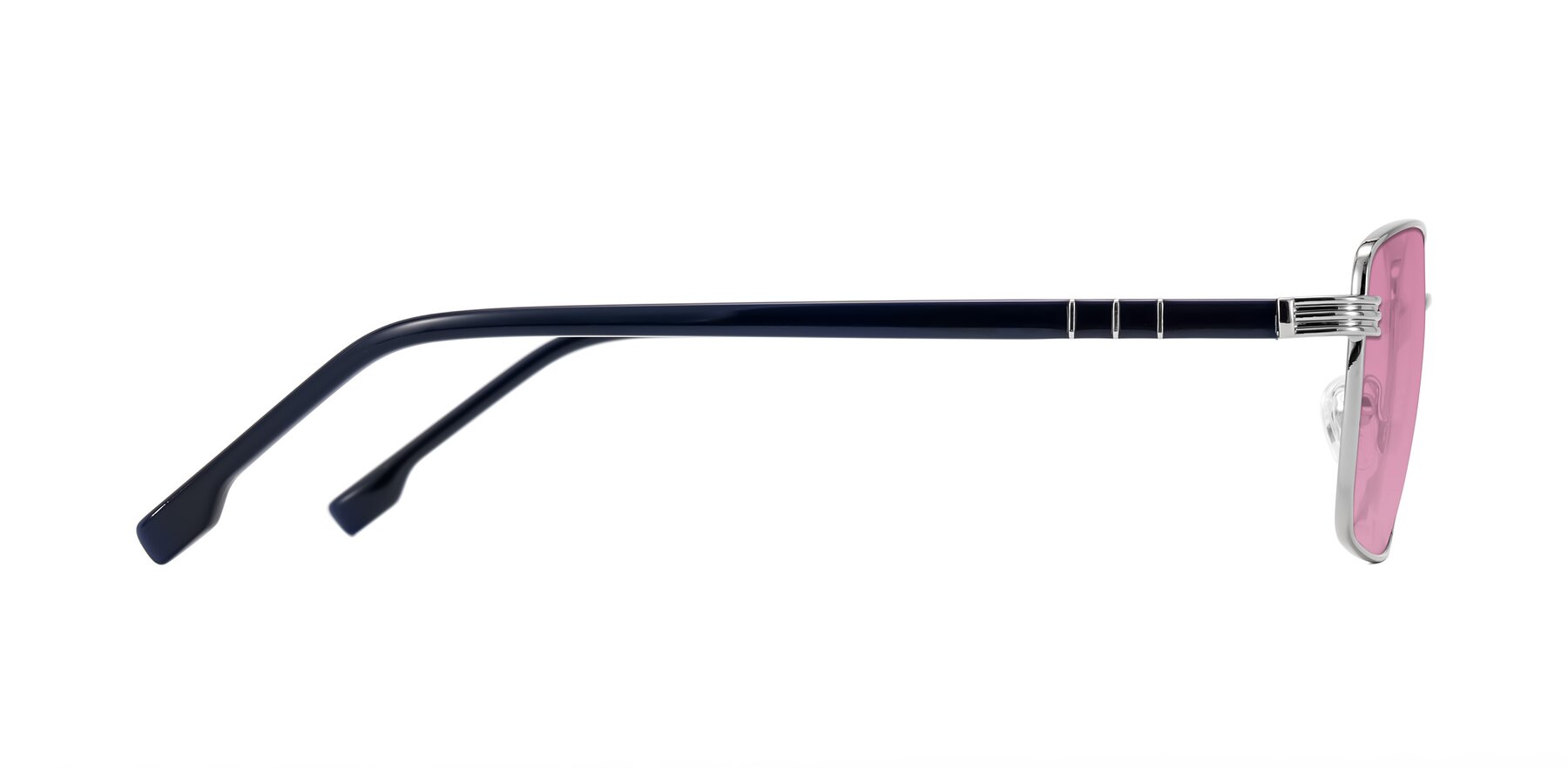 Side of Raiyah in Silver/Dark Blue with Medium Wine Tinted Lenses