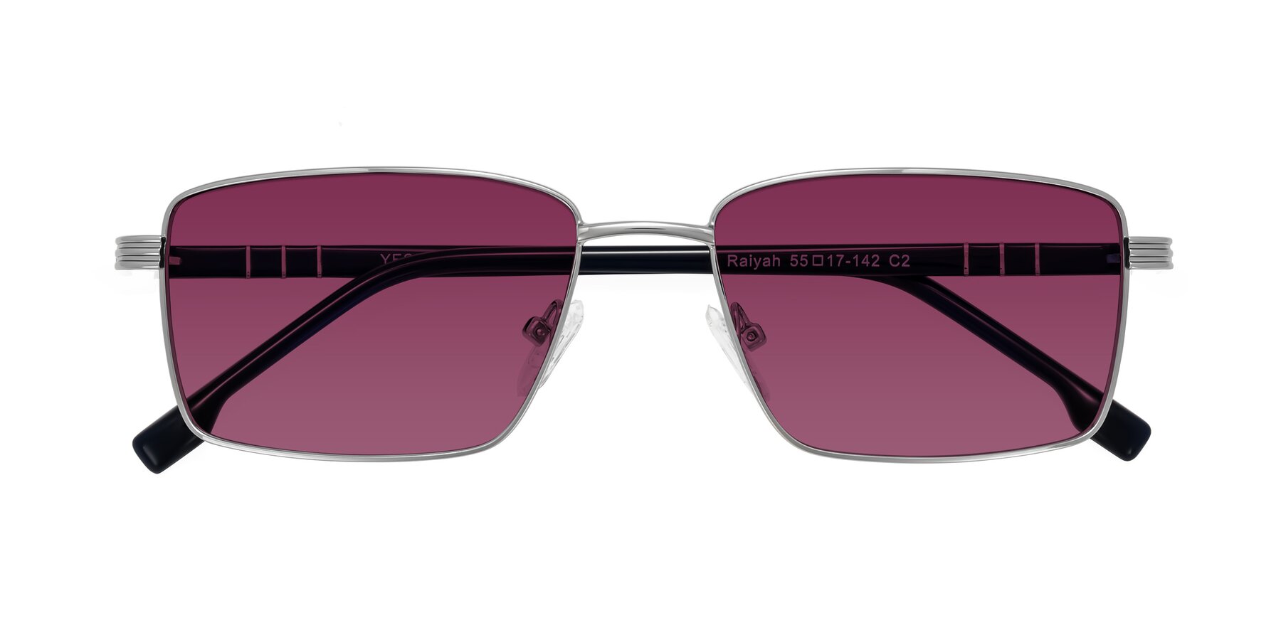 Folded Front of Raiyah in Silver/Dark Blue with Wine Tinted Lenses