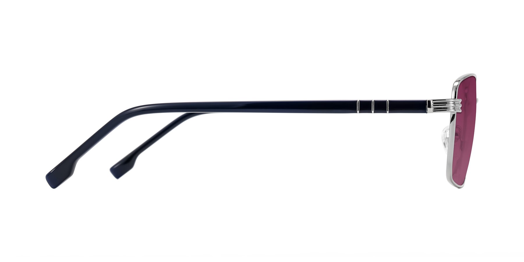 Side of Raiyah in Silver/Dark Blue with Wine Tinted Lenses