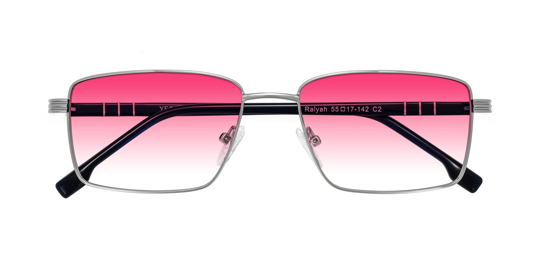 Folded Front of Raiyah in Silver/Dark Blue with Pink Gradient Lenses