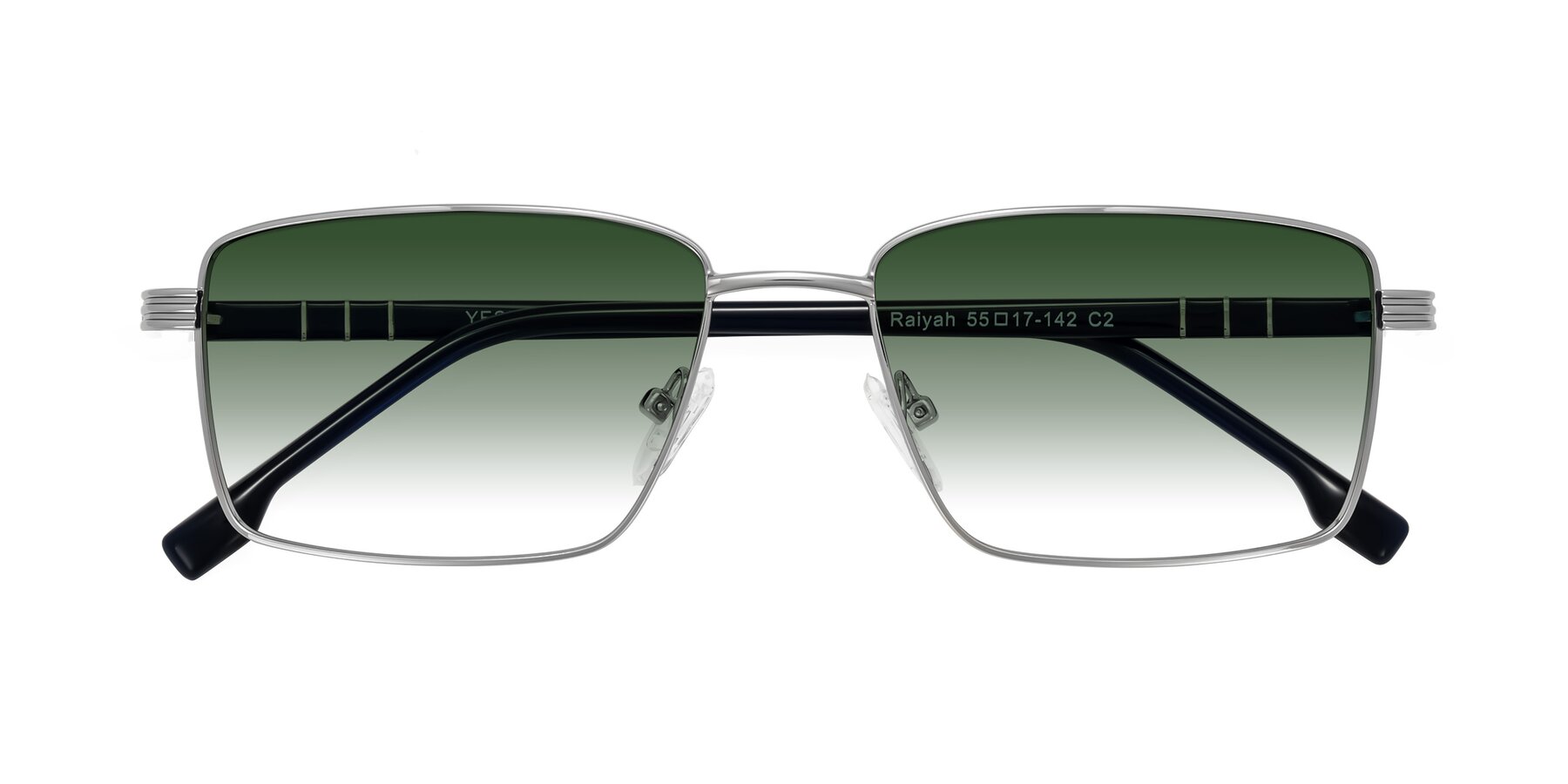 Folded Front of Raiyah in Silver/Dark Blue with Green Gradient Lenses