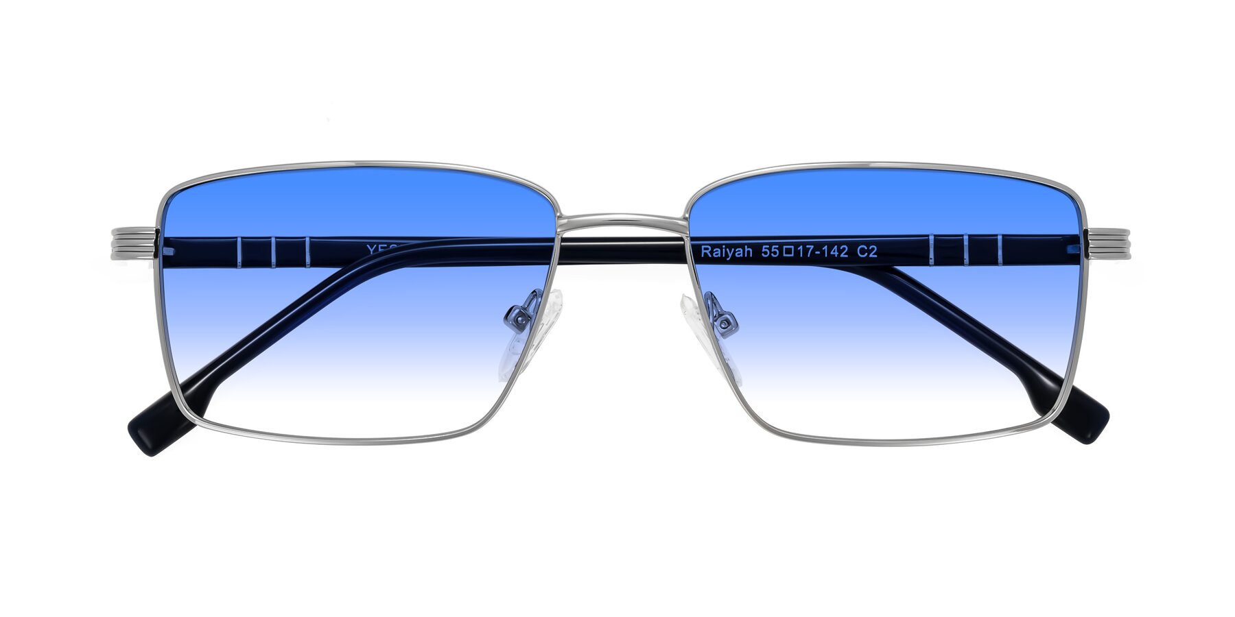Folded Front of Raiyah in Silver/Dark Blue with Blue Gradient Lenses