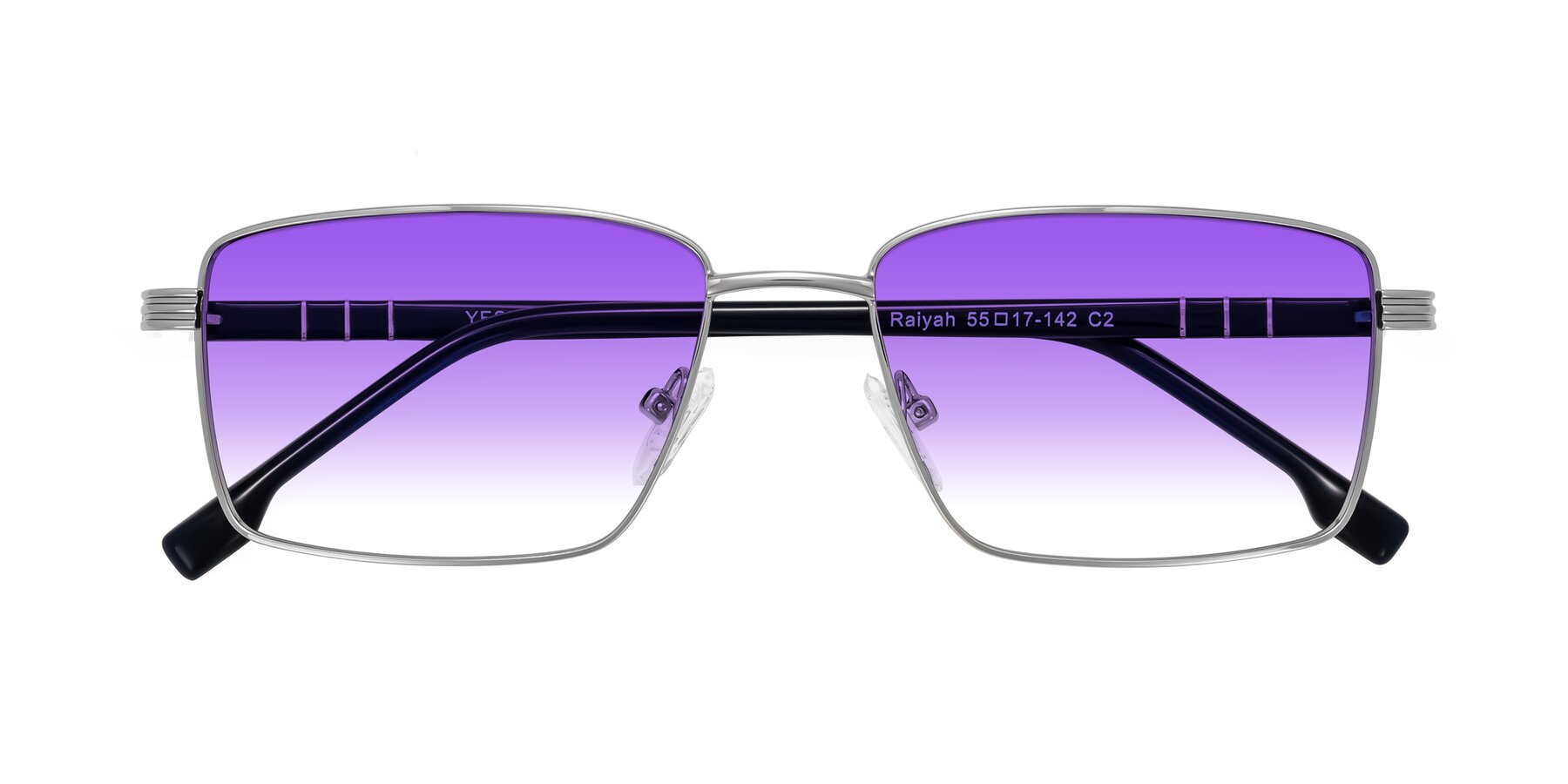 Folded Front of Raiyah in Silver/Dark Blue with Purple Gradient Lenses