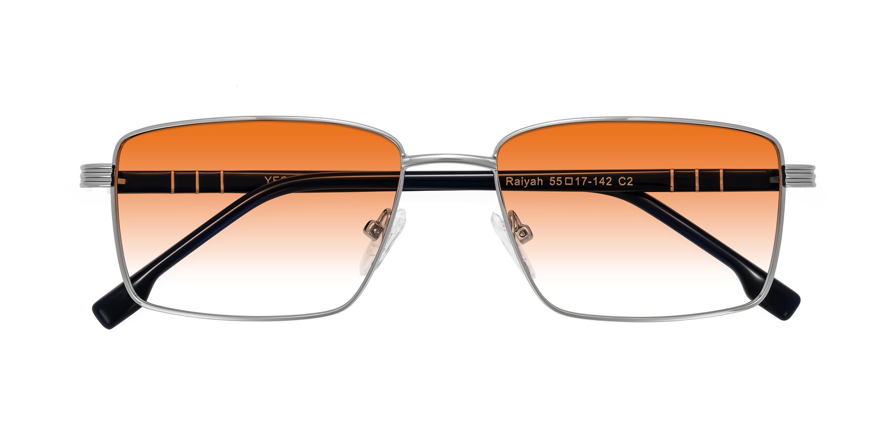 Folded Front of Raiyah in Silver/Dark Blue with Orange Gradient Lenses