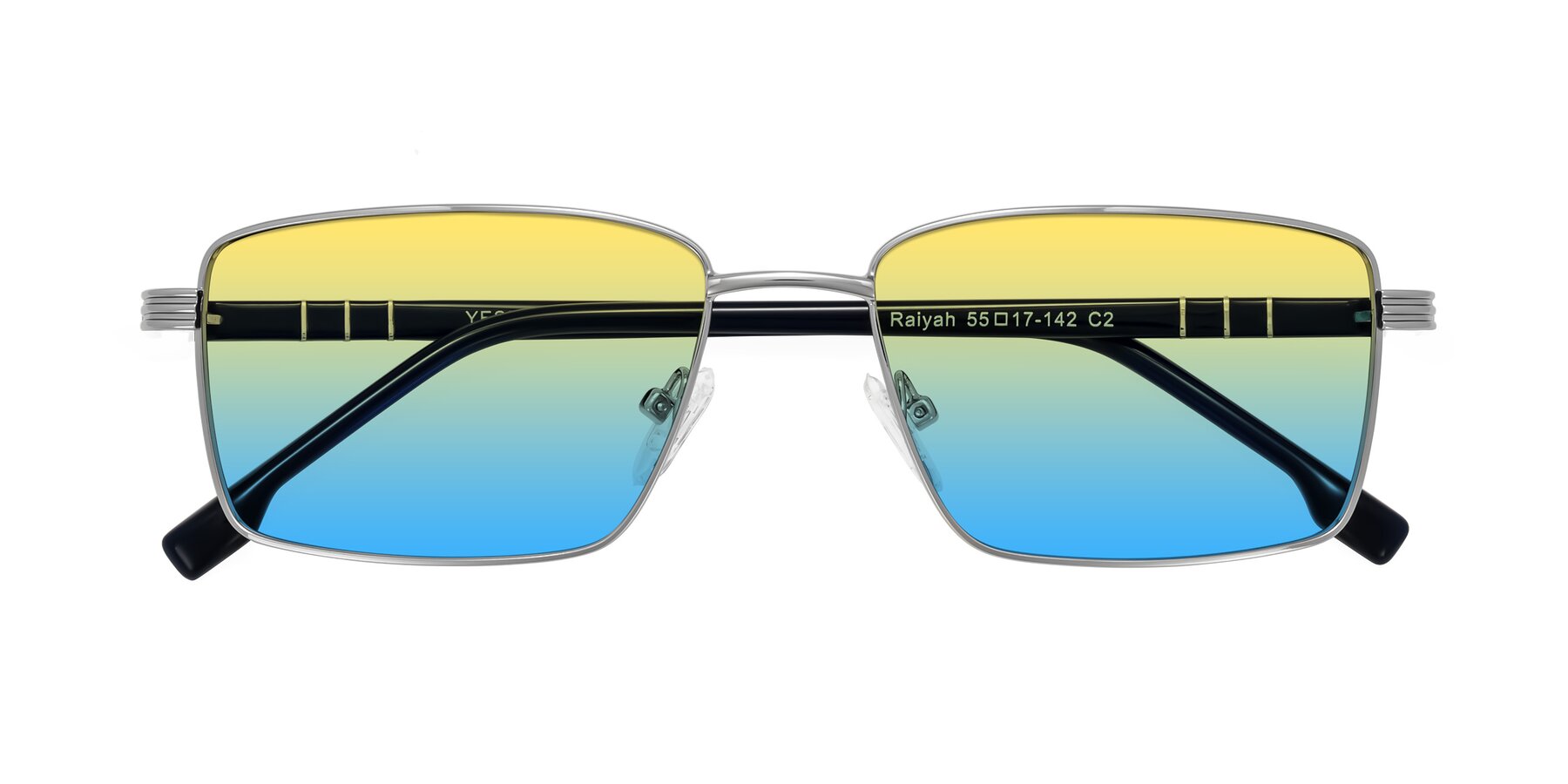 Folded Front of Raiyah in Silver/Dark Blue with Yellow / Blue Gradient Lenses