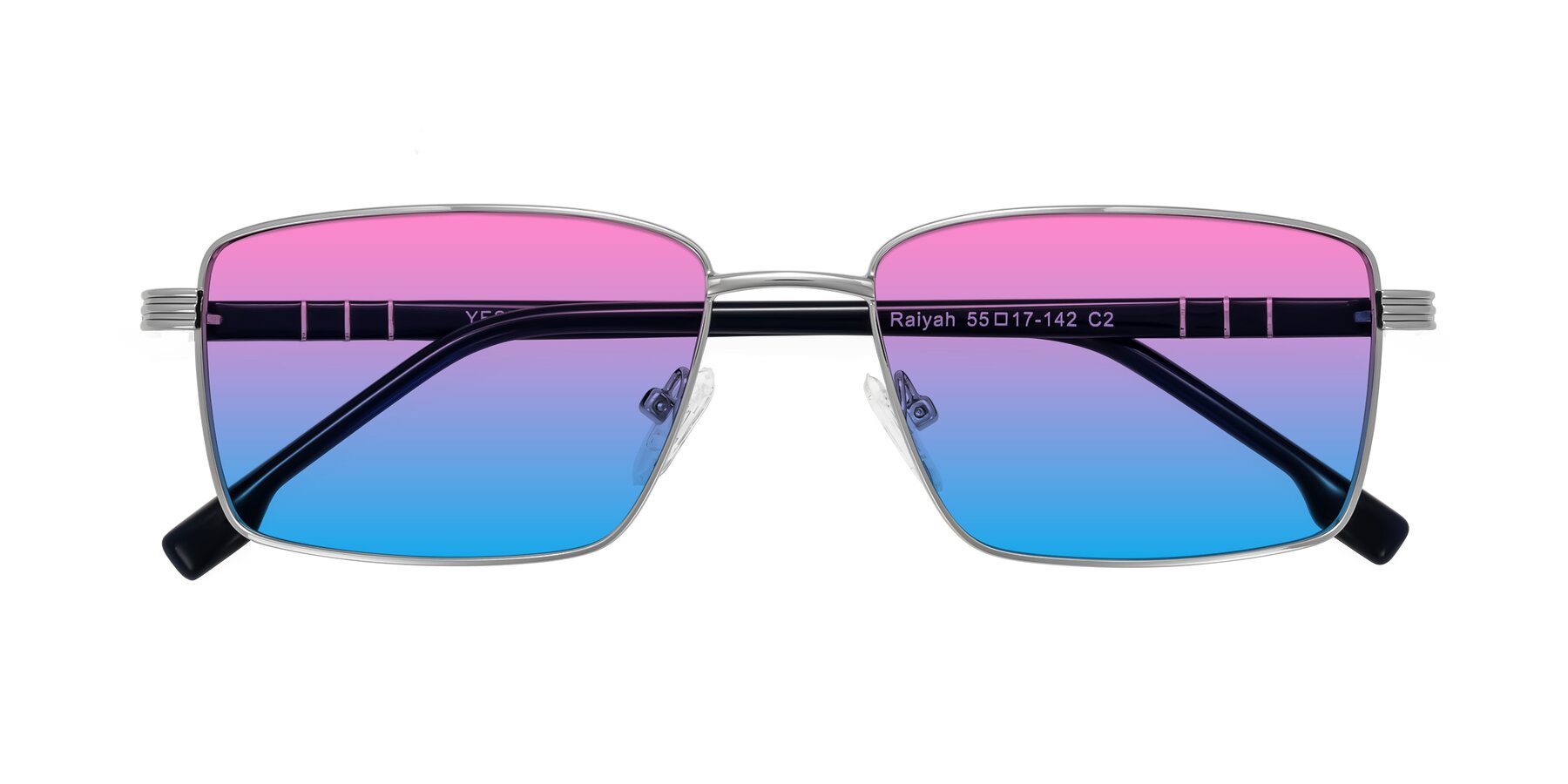 Folded Front of Raiyah in Silver/Dark Blue with Pink / Blue Gradient Lenses