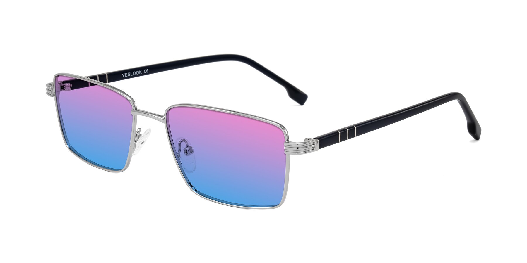 Angle of Raiyah in Silver/Dark Blue with Pink / Blue Gradient Lenses