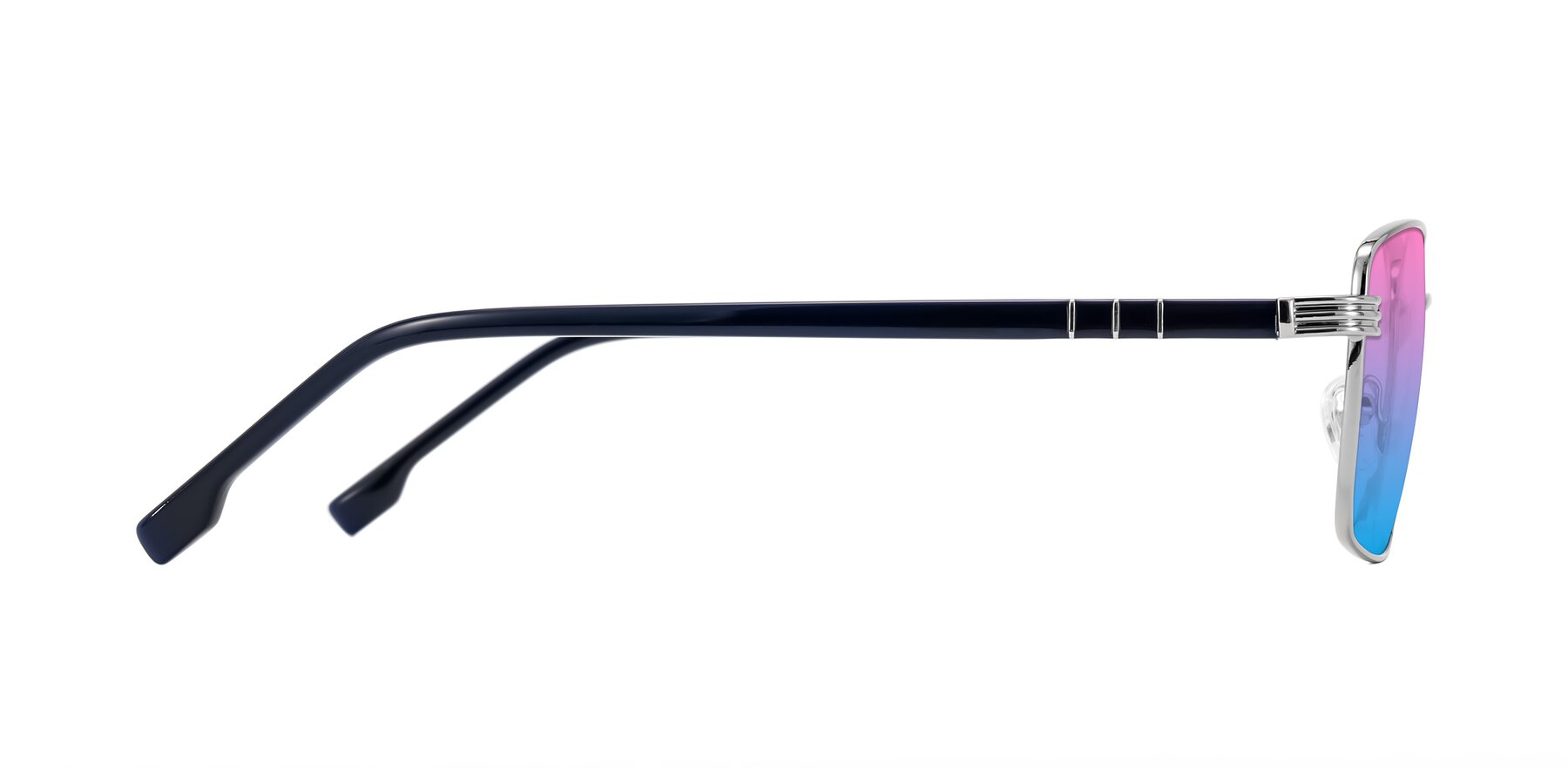 Side of Raiyah in Silver/Dark Blue with Pink / Blue Gradient Lenses