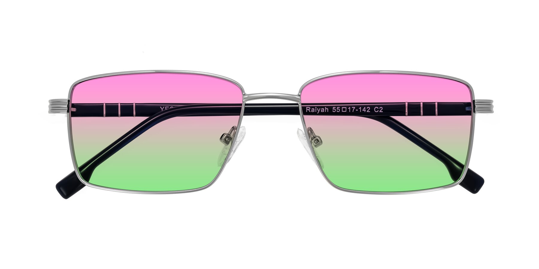 Folded Front of Raiyah in Silver/Dark Blue with Pink / Green Gradient Lenses