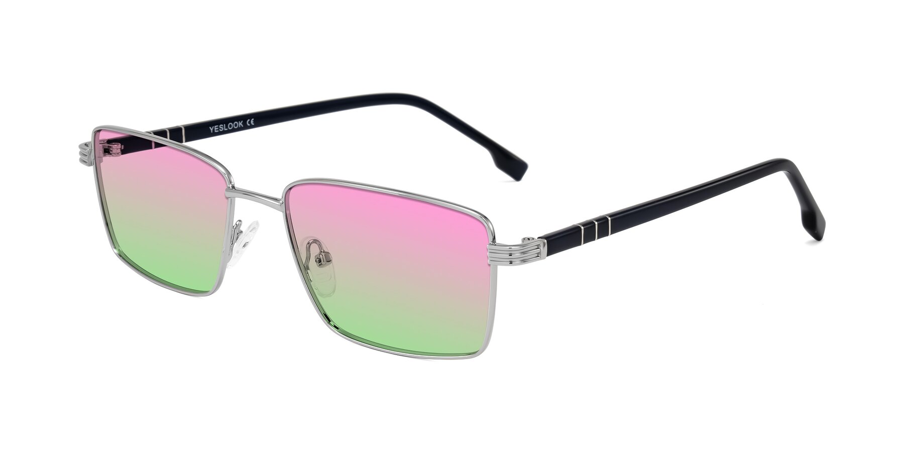 Angle of Raiyah in Silver/Dark Blue with Pink / Green Gradient Lenses