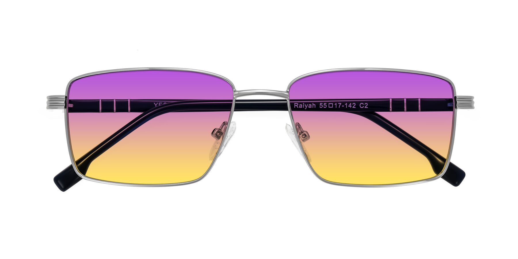 Folded Front of Raiyah in Silver/Dark Blue with Purple / Yellow Gradient Lenses