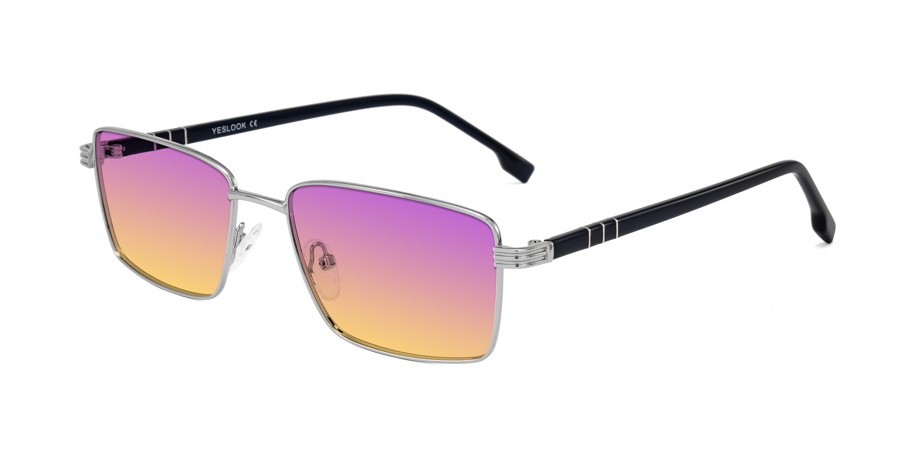 Angle of Raiyah in Silver/Dark Blue with Purple / Yellow Gradient Lenses
