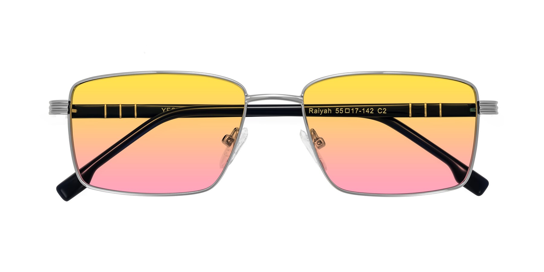 Folded Front of Raiyah in Silver/Dark Blue with Yellow / Pink Gradient Lenses