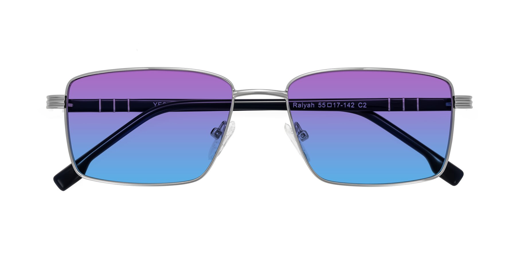 Folded Front of Raiyah in Silver/Dark Blue with Purple / Blue Gradient Lenses