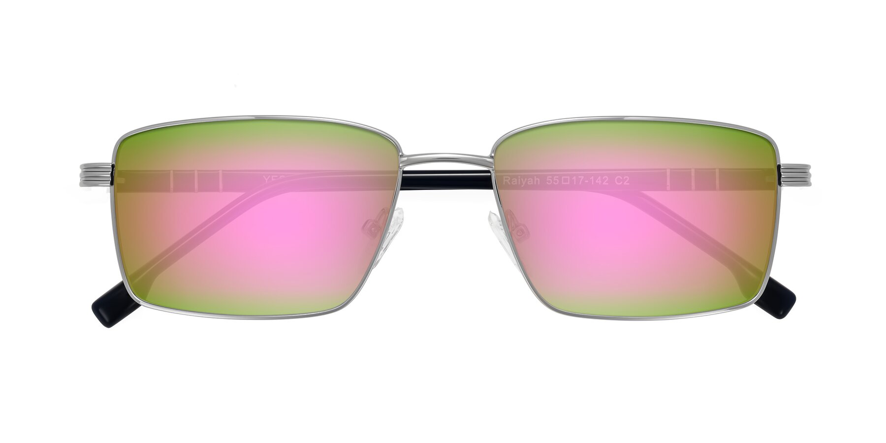 Folded Front of Raiyah in Silver/Dark Blue with Pink Mirrored Lenses