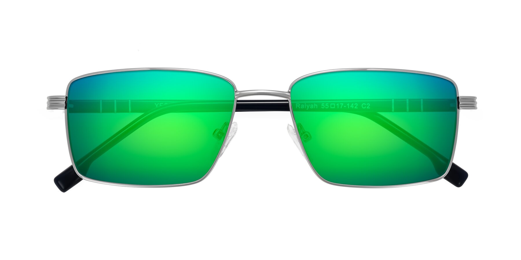 Folded Front of Raiyah in Silver/Dark Blue with Green Mirrored Lenses
