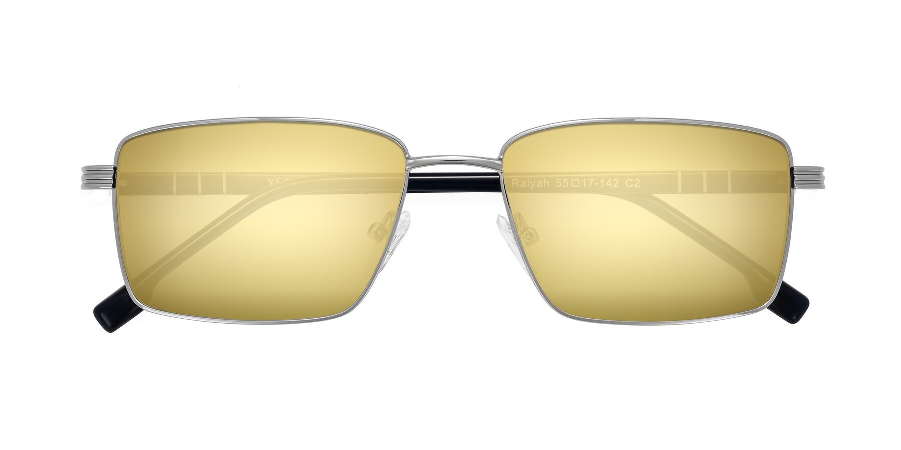 Folded Front of Raiyah in Silver/Dark Blue with Gold Mirrored Lenses