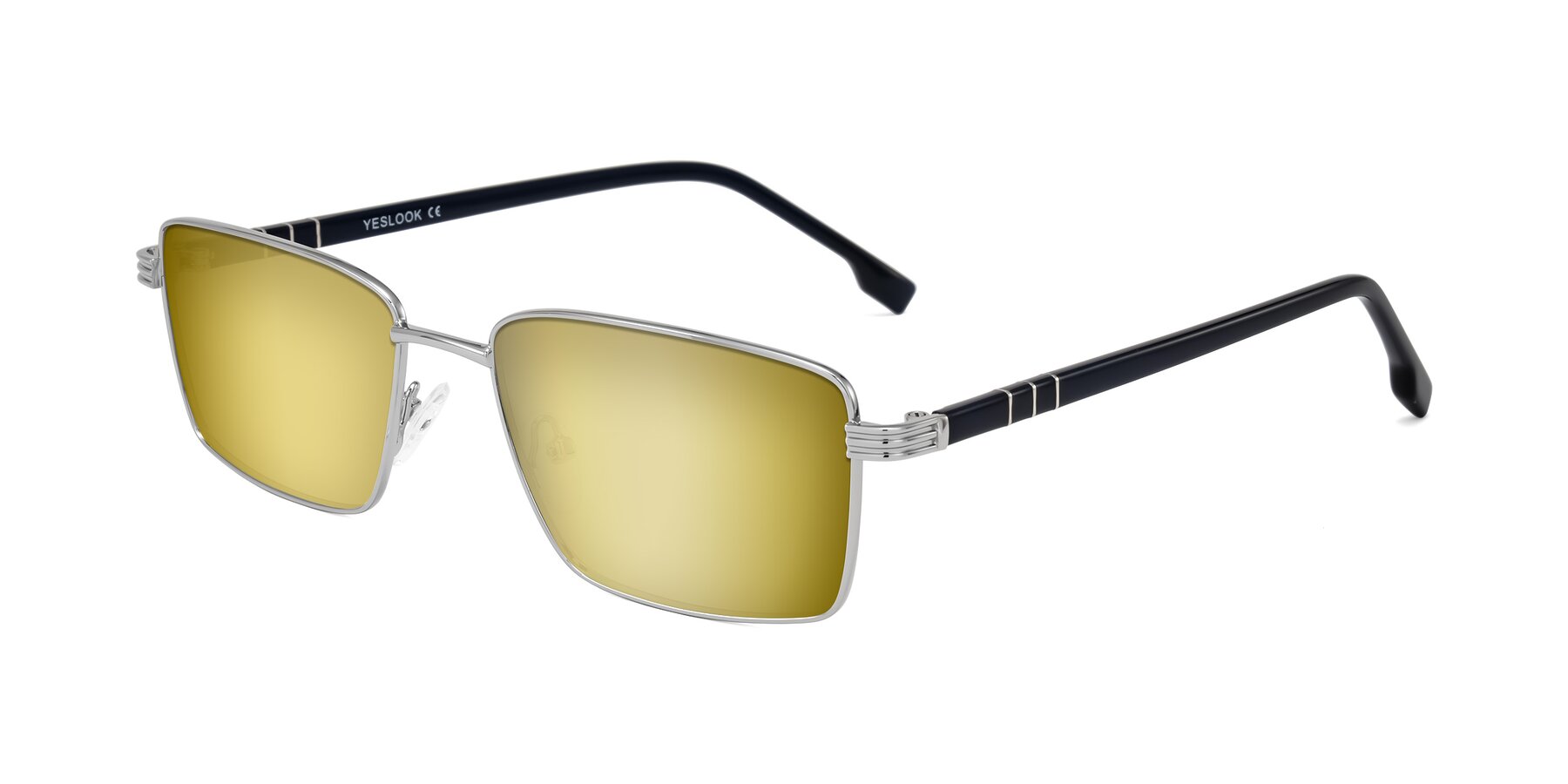 Angle of Raiyah in Silver/Dark Blue with Gold Mirrored Lenses
