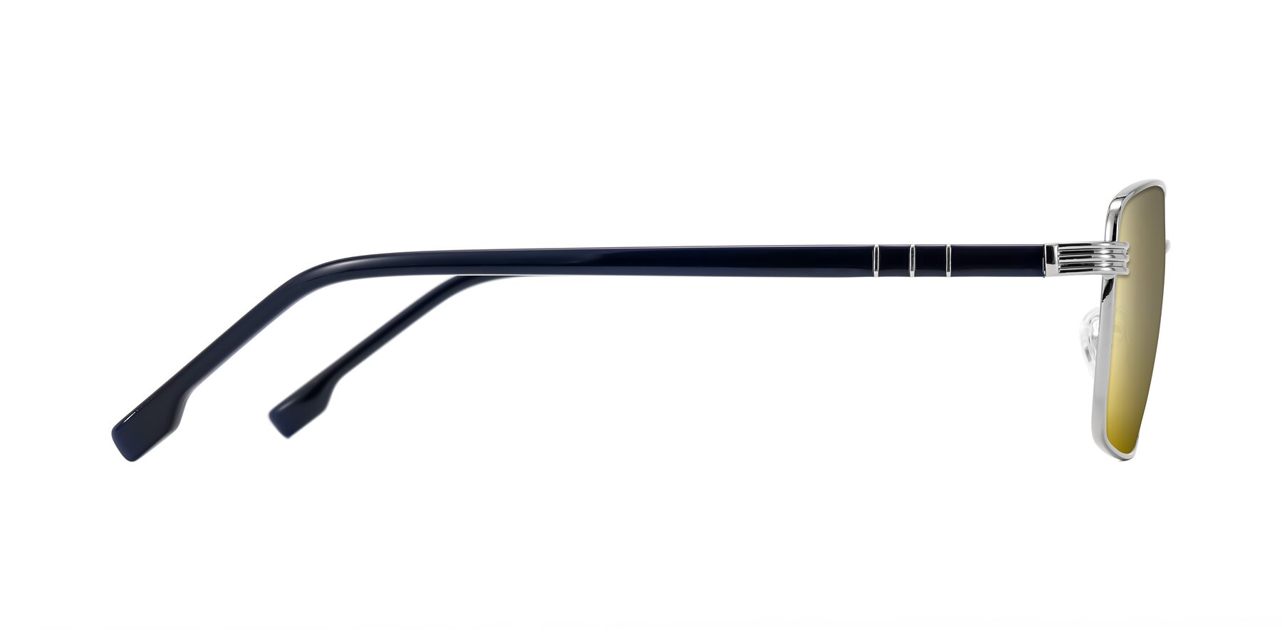 Side of Raiyah in Silver/Dark Blue with Gold Mirrored Lenses