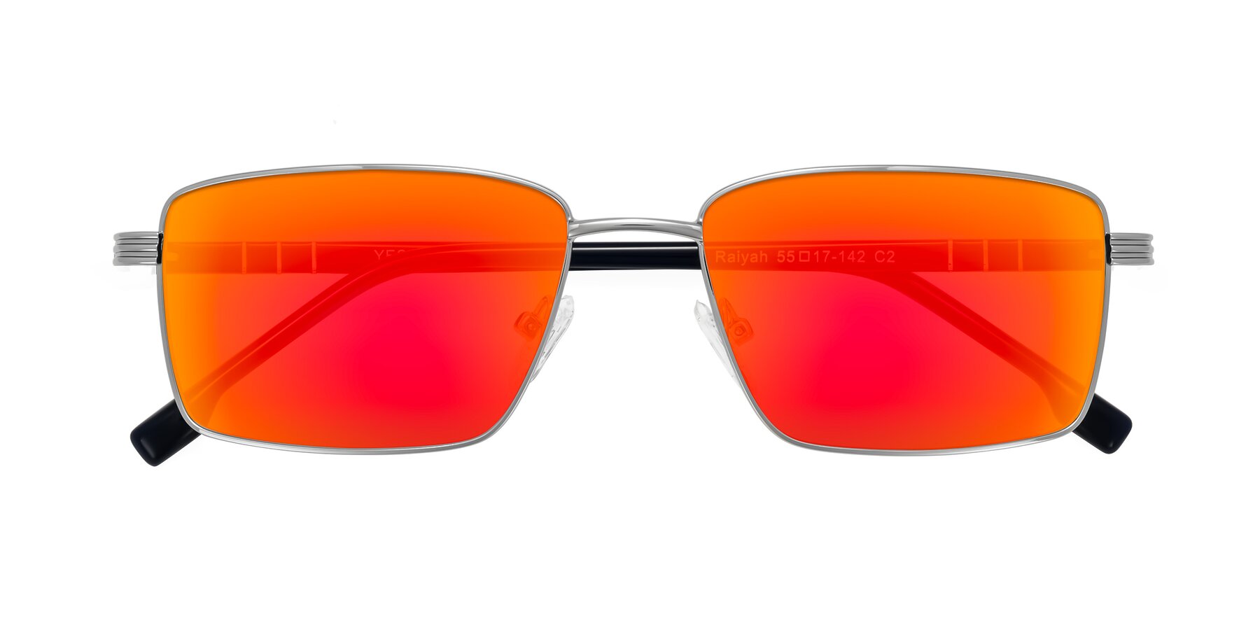 Folded Front of Raiyah in Silver/Dark Blue with Red Gold Mirrored Lenses