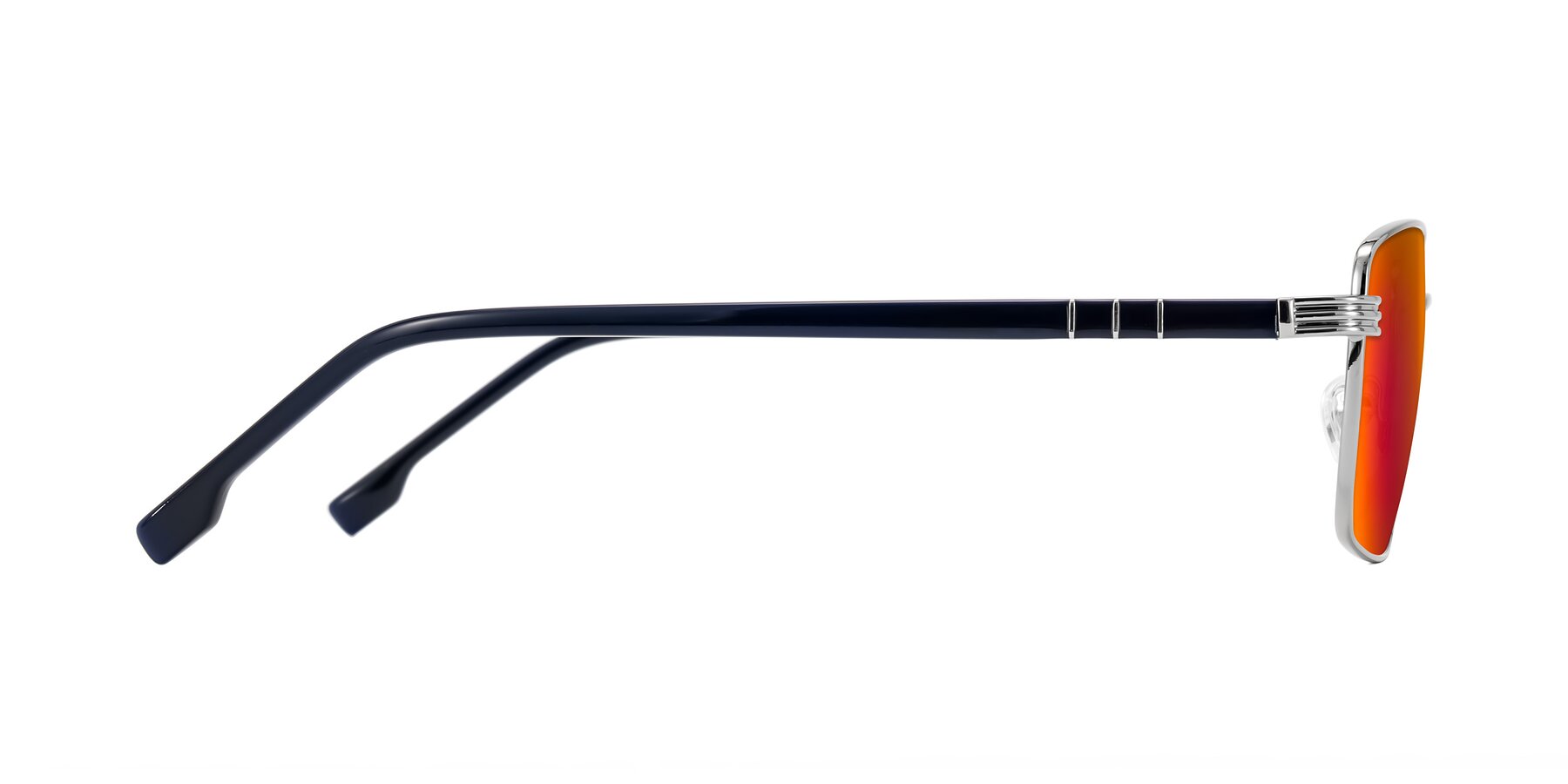 Side of Raiyah in Silver/Dark Blue with Red Gold Mirrored Lenses