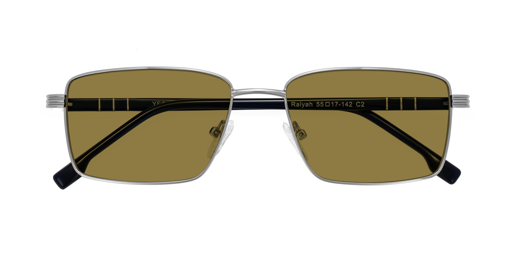 Folded Front of Raiyah in Silver/Dark Blue with Brown Polarized Lenses