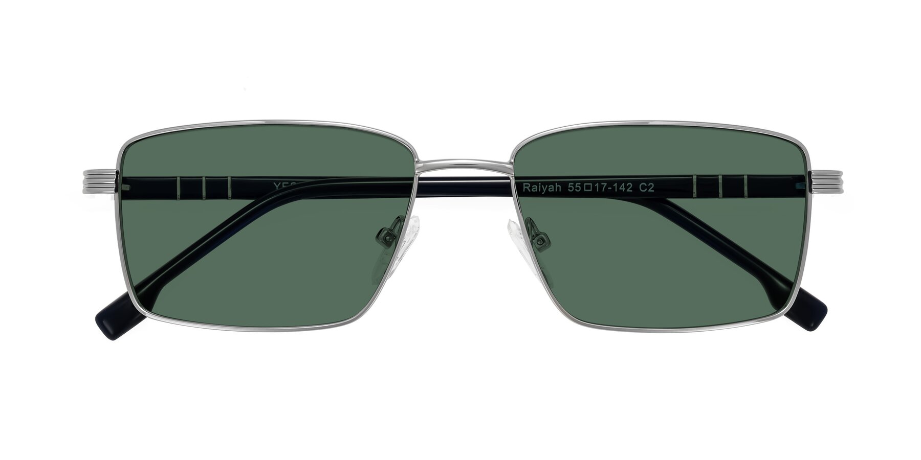 Folded Front of Raiyah in Silver/Dark Blue with Green Polarized Lenses