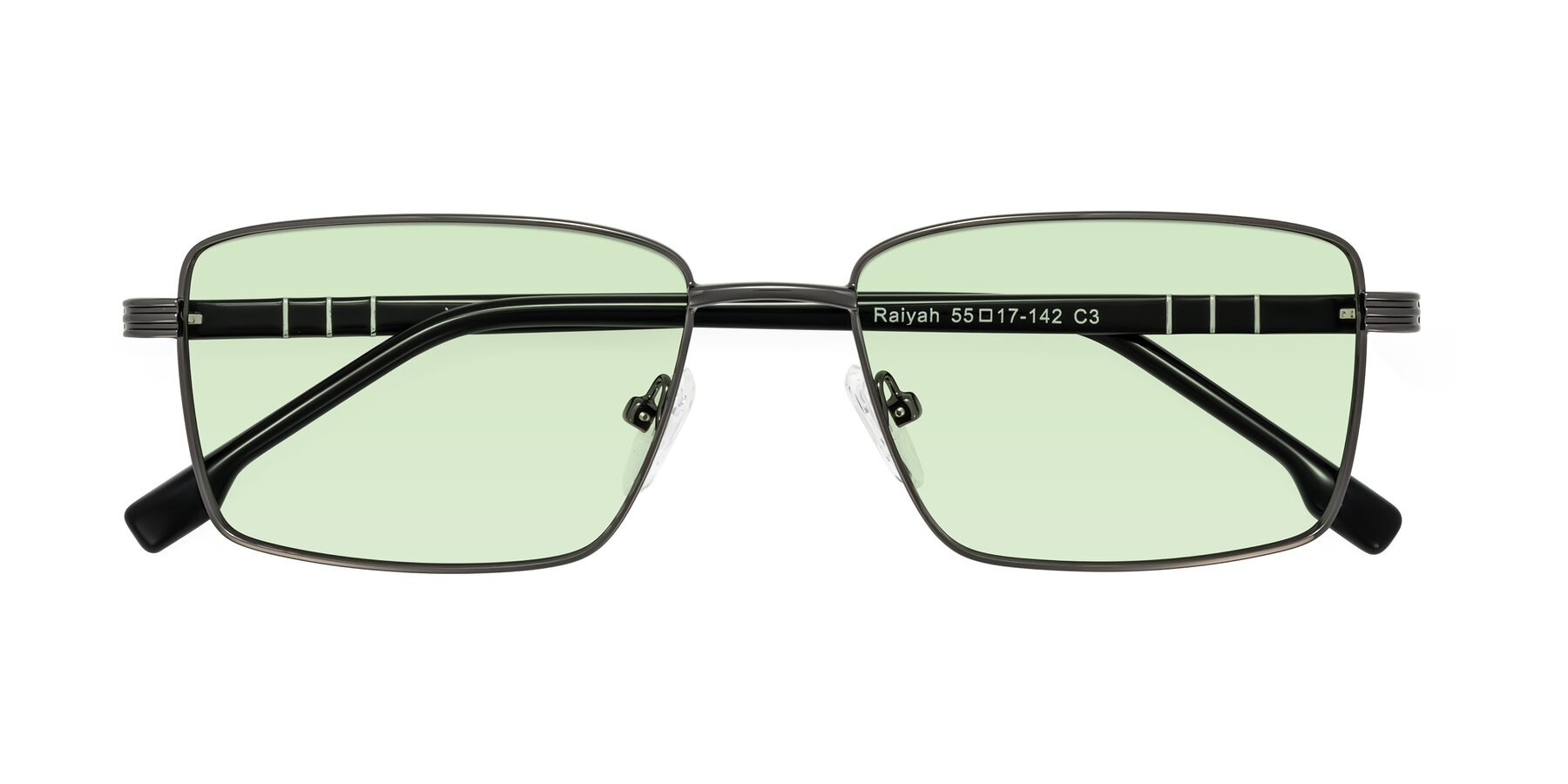 Folded Front of Raiyah in Gunmetal/Black with Light Green Tinted Lenses