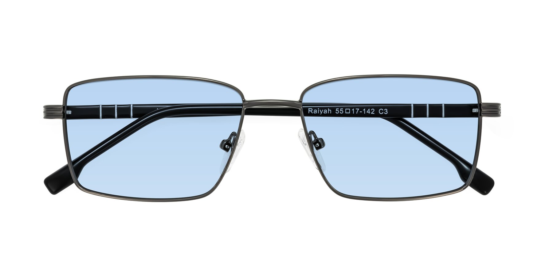 Folded Front of Raiyah in Gunmetal/Black with Light Blue Tinted Lenses