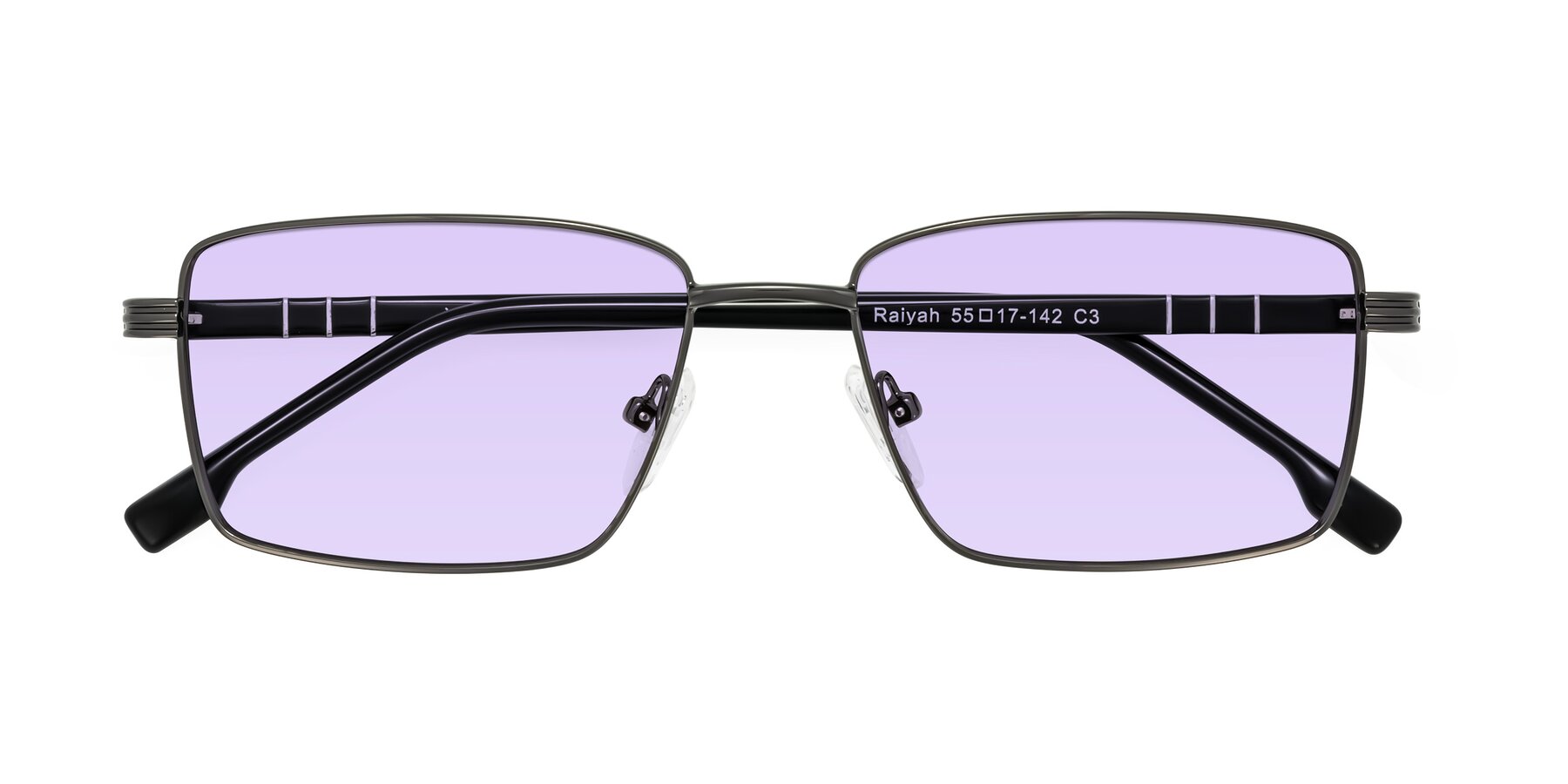 Folded Front of Raiyah in Gunmetal/Black with Light Purple Tinted Lenses