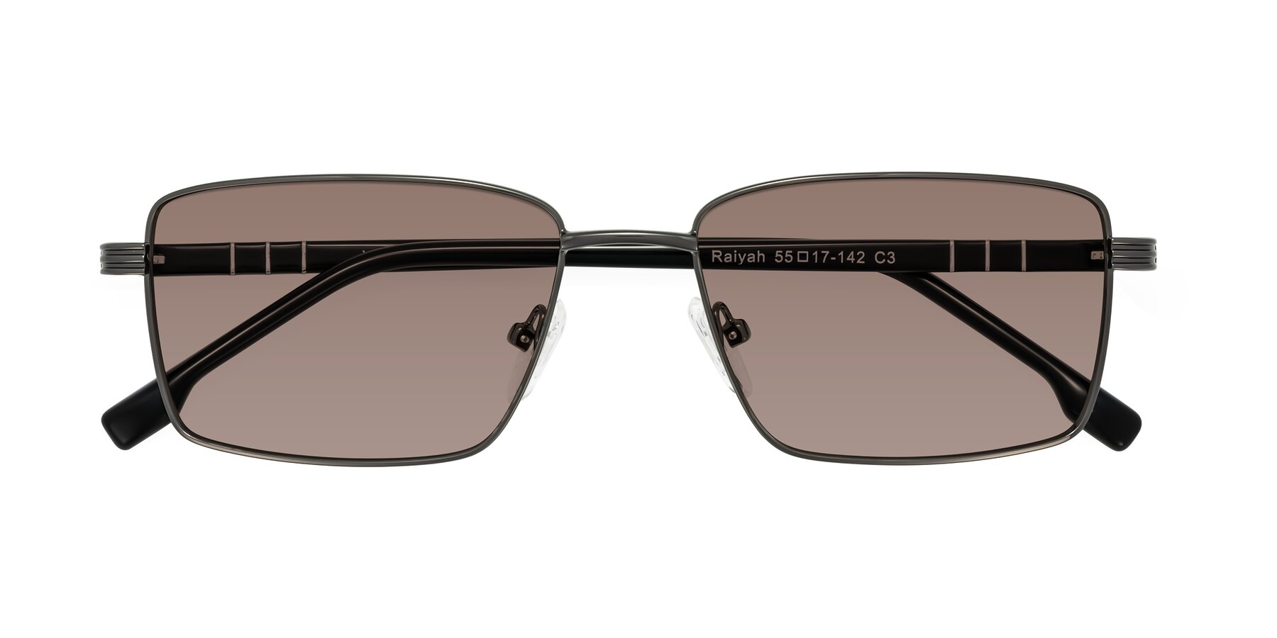 Folded Front of Raiyah in Gunmetal/Black with Medium Brown Tinted Lenses