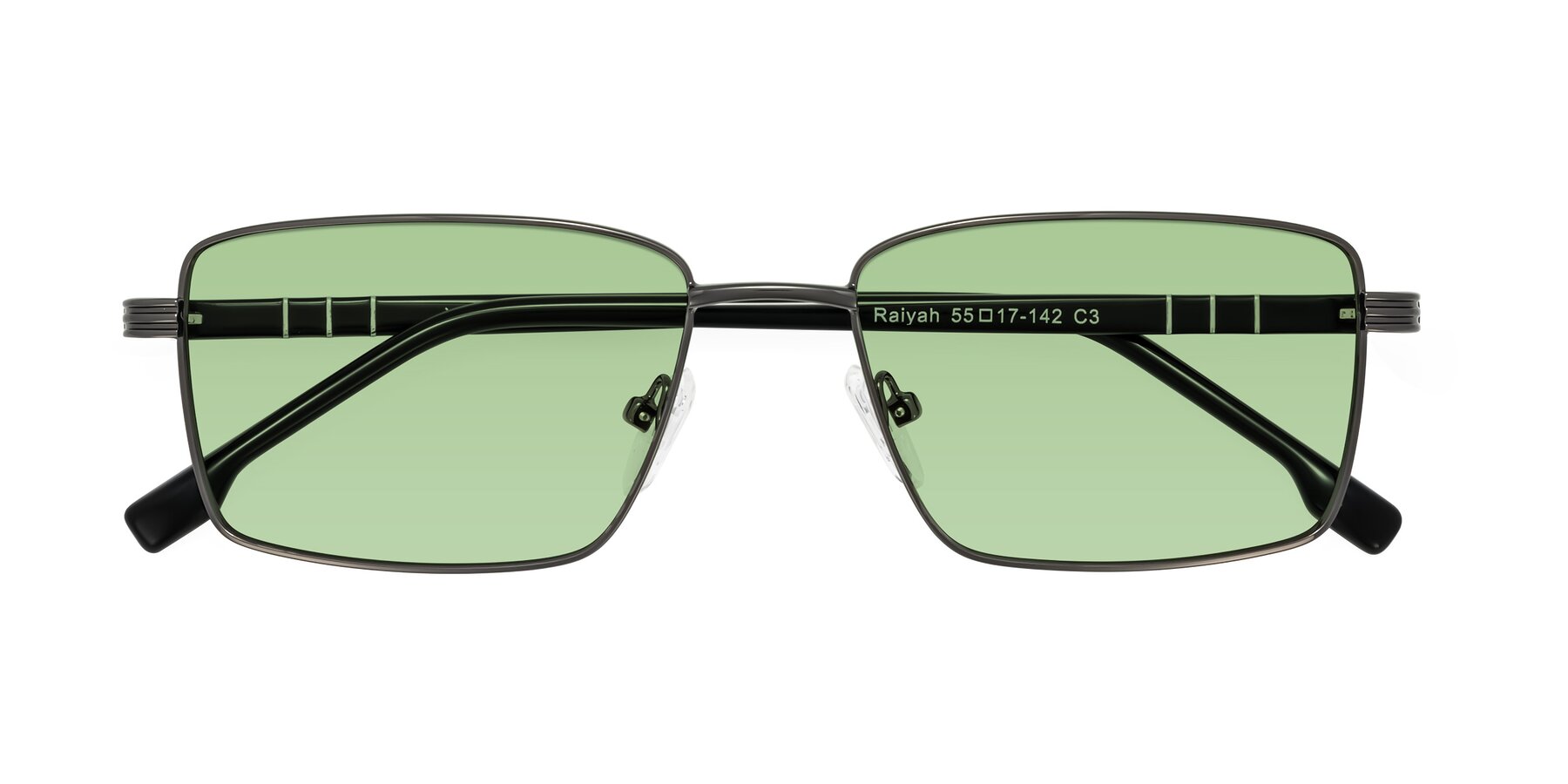 Folded Front of Raiyah in Gunmetal/Black with Medium Green Tinted Lenses