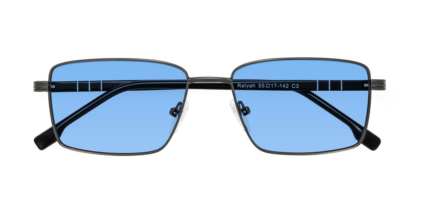 Folded Front of Raiyah in Gunmetal/Black with Medium Blue Tinted Lenses