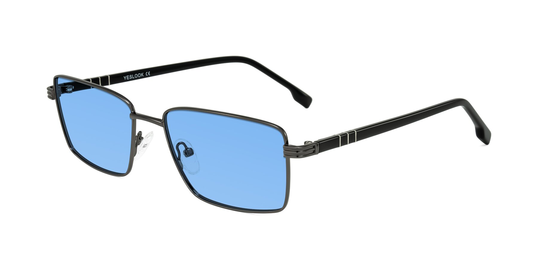 Angle of Raiyah in Gunmetal/Black with Medium Blue Tinted Lenses