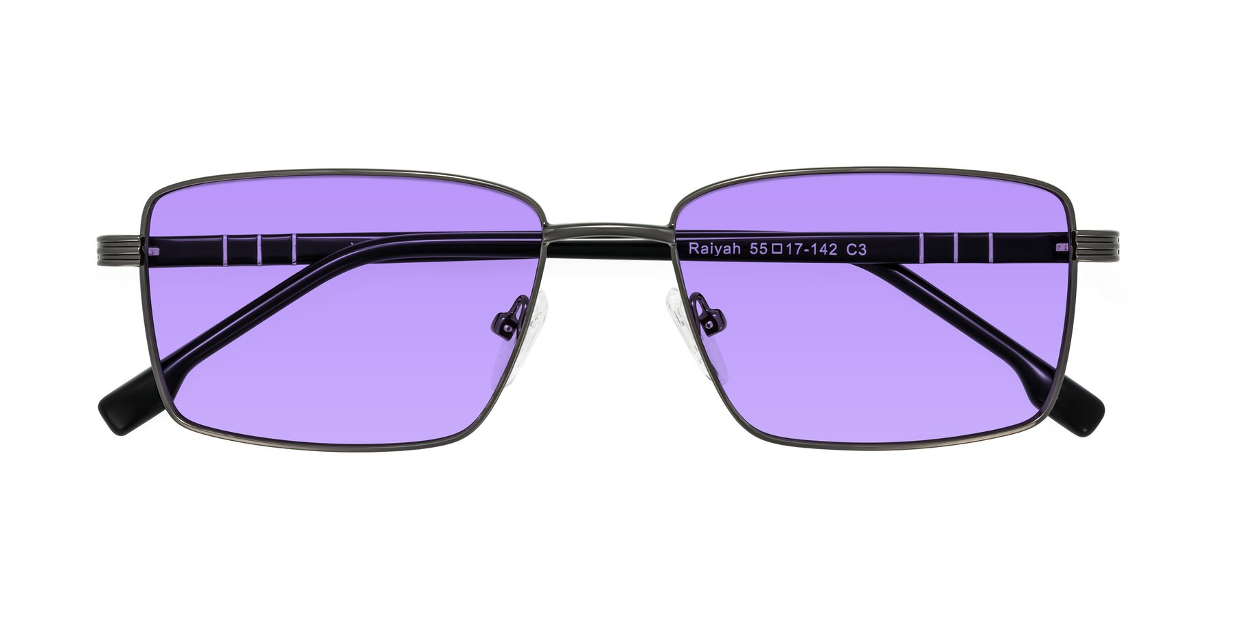 Folded Front of Raiyah in Gunmetal/Black with Medium Purple Tinted Lenses