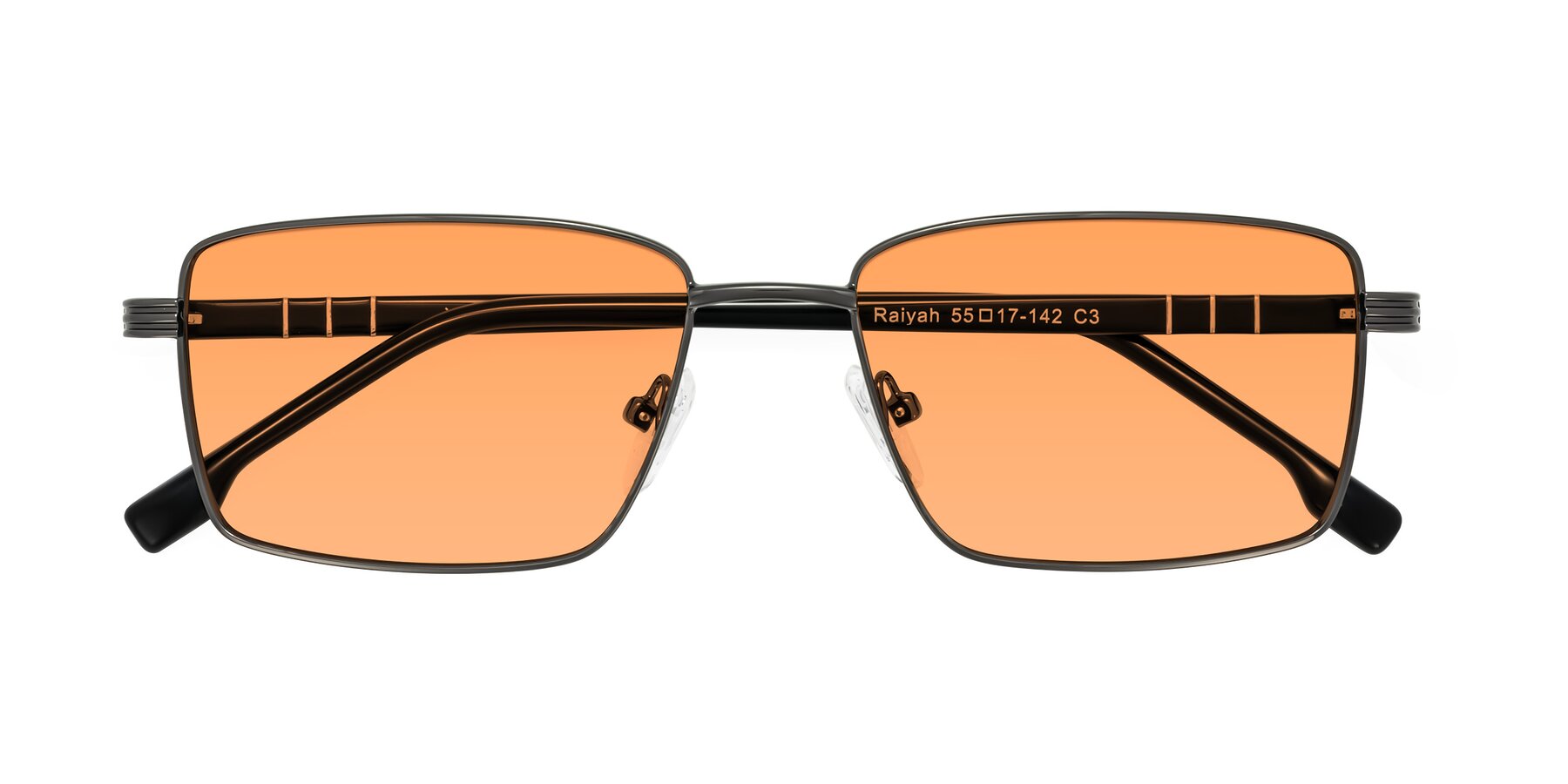 Folded Front of Raiyah in Gunmetal/Black with Medium Orange Tinted Lenses