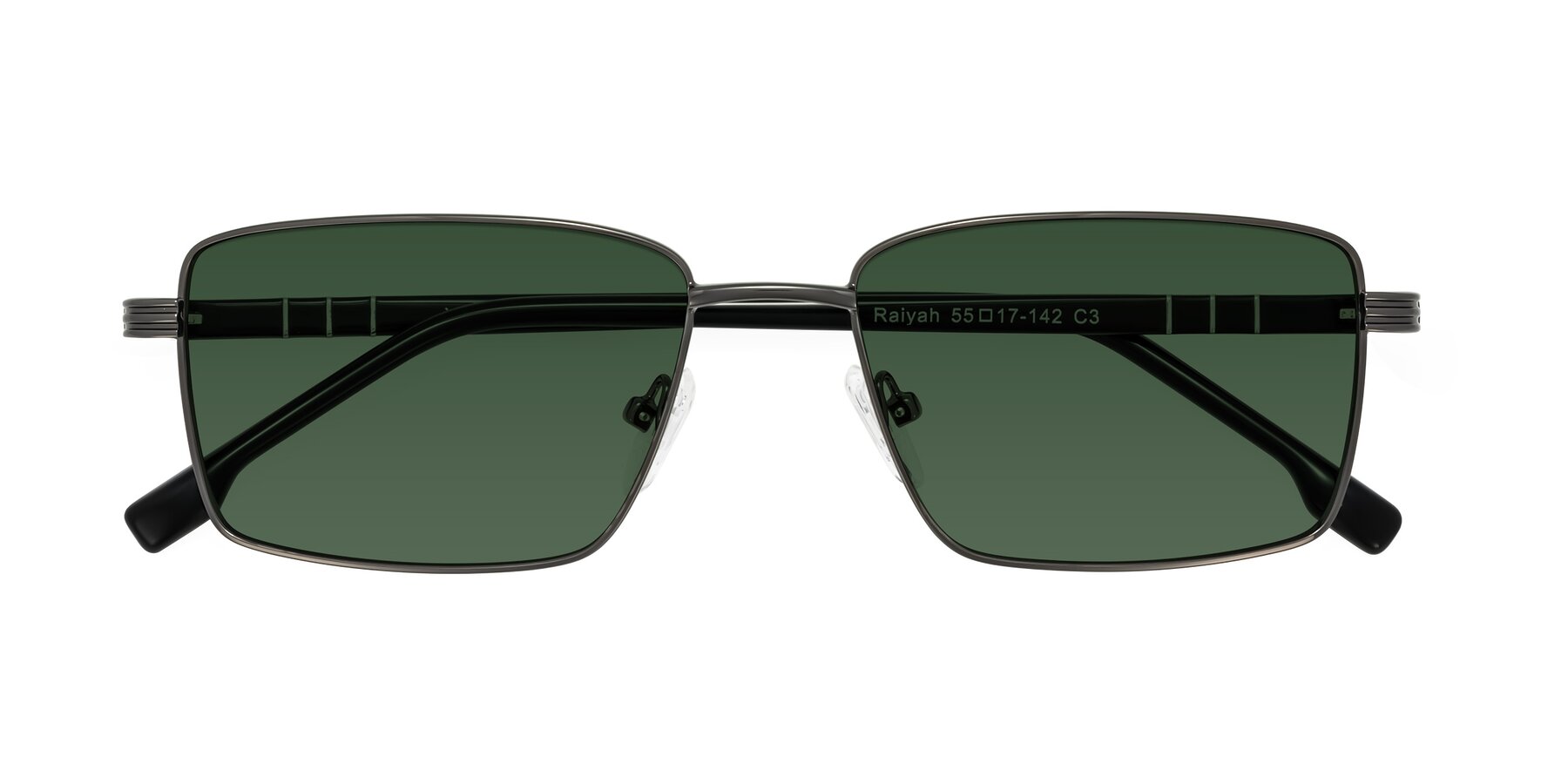 Folded Front of Raiyah in Gunmetal/Black with Green Tinted Lenses