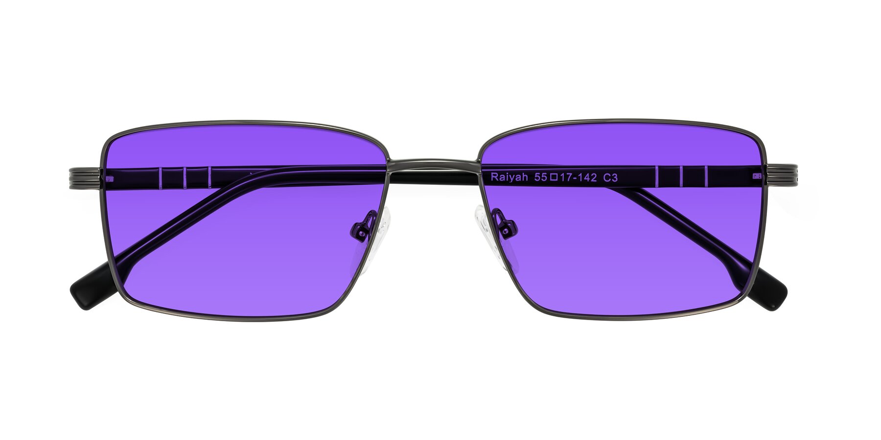 Folded Front of Raiyah in Gunmetal/Black with Purple Tinted Lenses