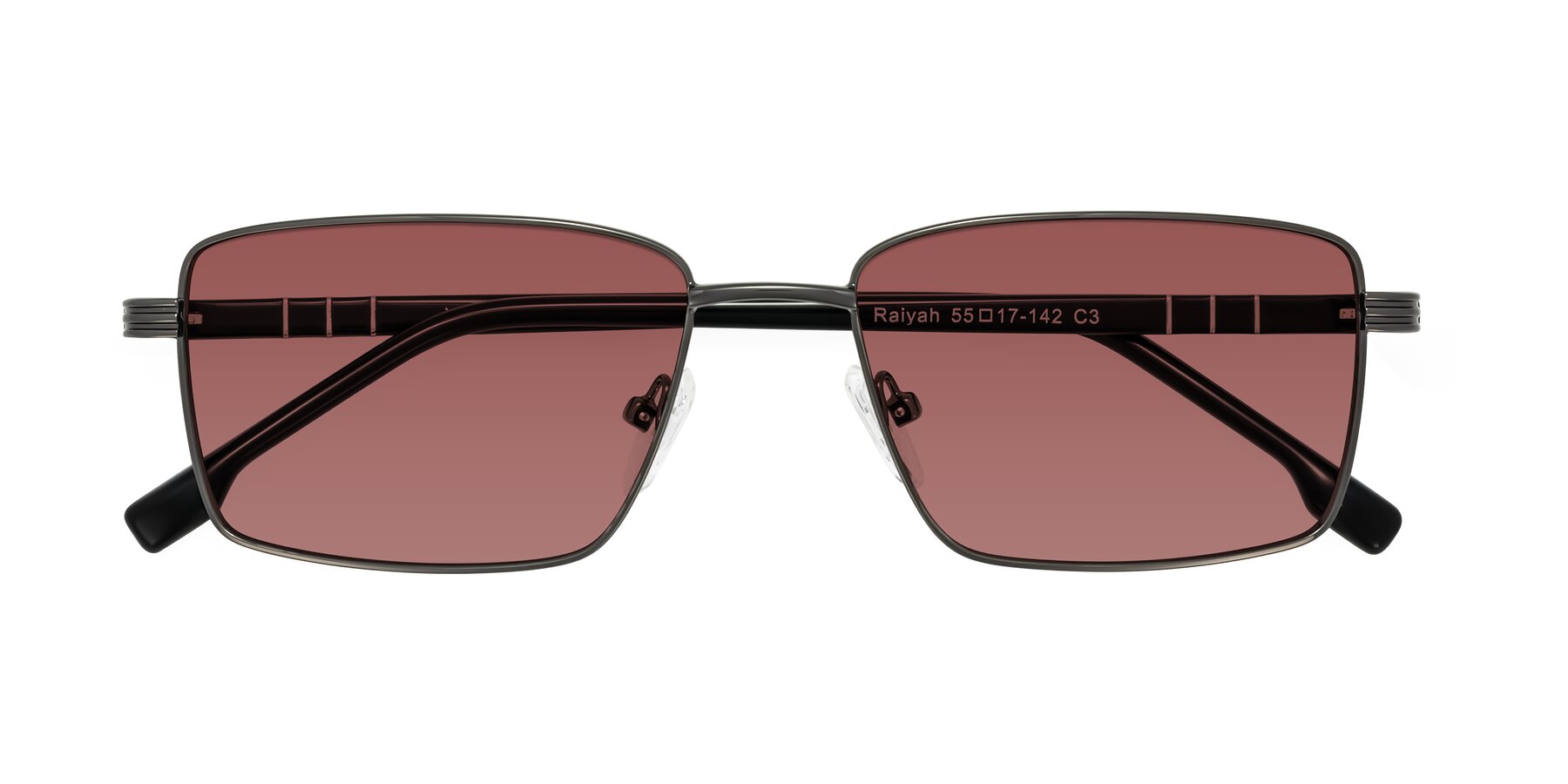 Folded Front of Raiyah in Gunmetal/Black with Garnet Tinted Lenses