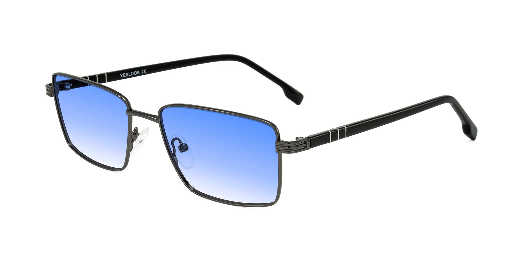 Angle of Raiyah in Gunmetal/Black with Blue Gradient Lenses